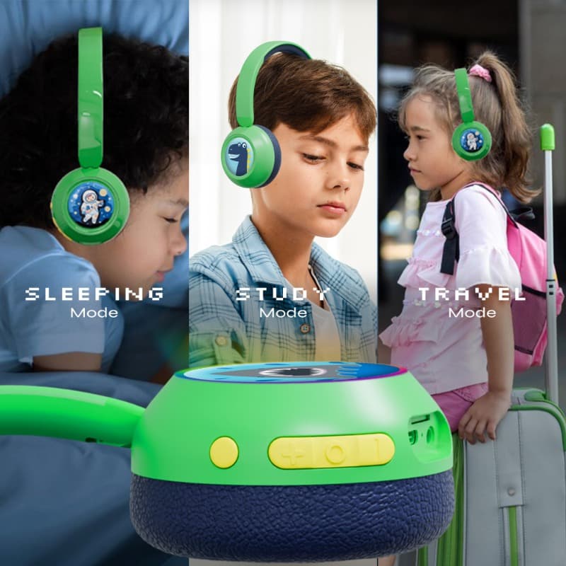 WatchOut Galaxy Kids Headphone with Safe Sound as Per WHO, Free Learning Audio Stories, DIY Magnets, Bluetooth + Wired, Mic for School and Travel (Green Dino) thumbnail 5